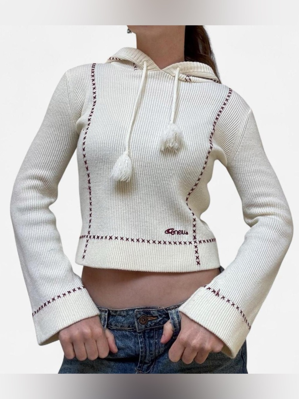 Vintage 90s O'Neill cream knit hoodie with bell sleeves and contrast stitching